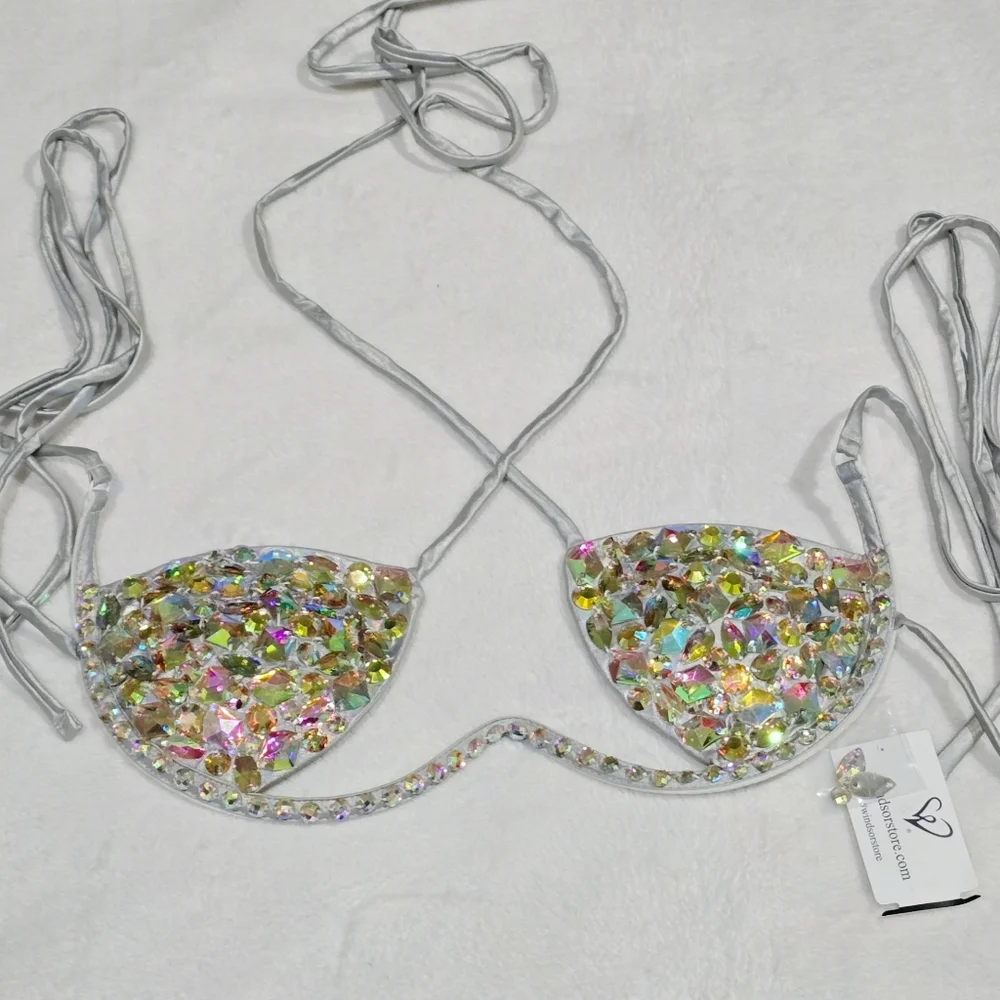 Windsor ✦ Major Glow Silver Embellished Halter Bra Top Gemstone Padded Tie‑Back - Picture 11 of 14